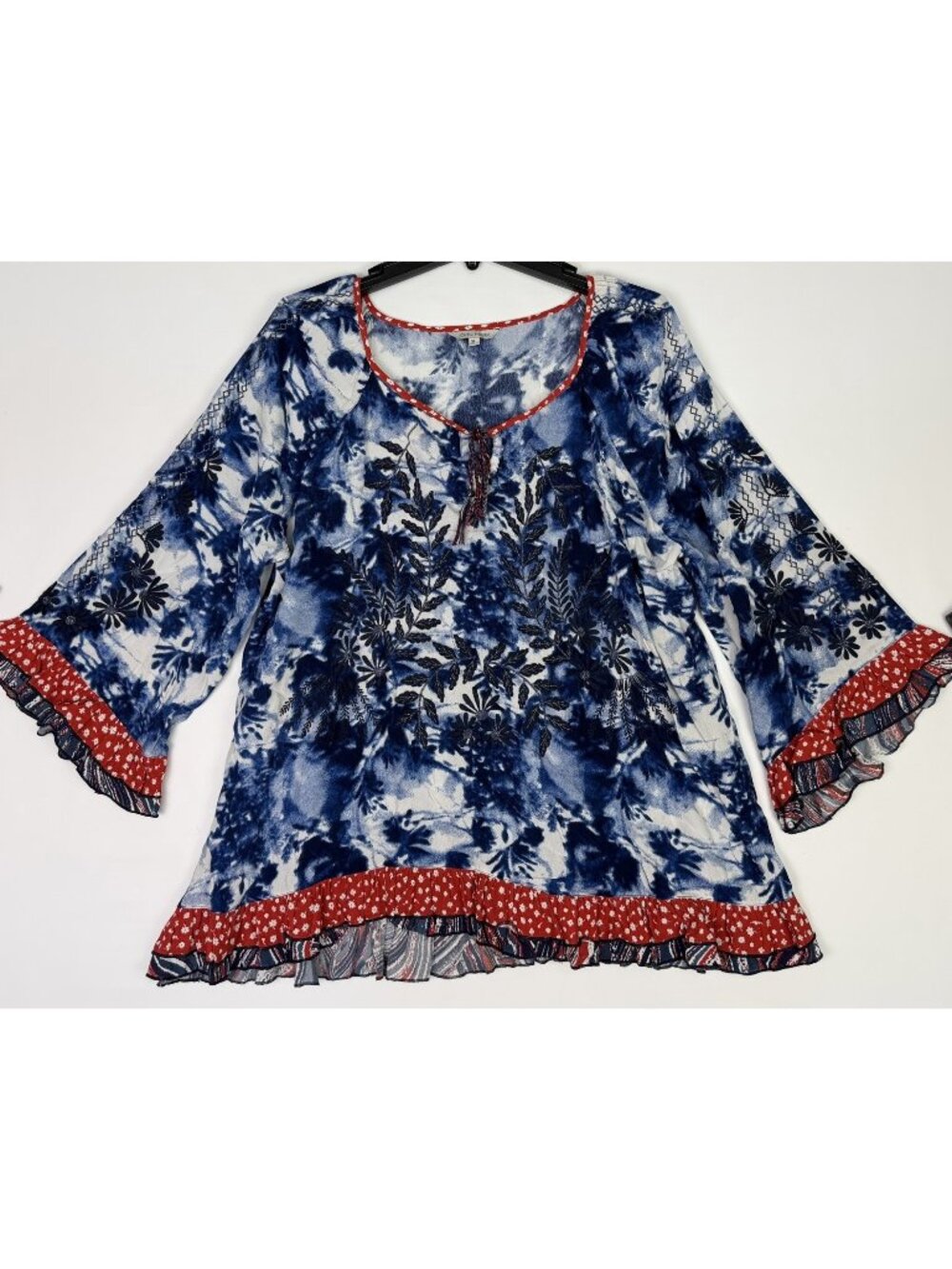 John Mark XL Shirt Top Women’s Blue Floral Red Ruffle Tropical Tassel Blouse Art